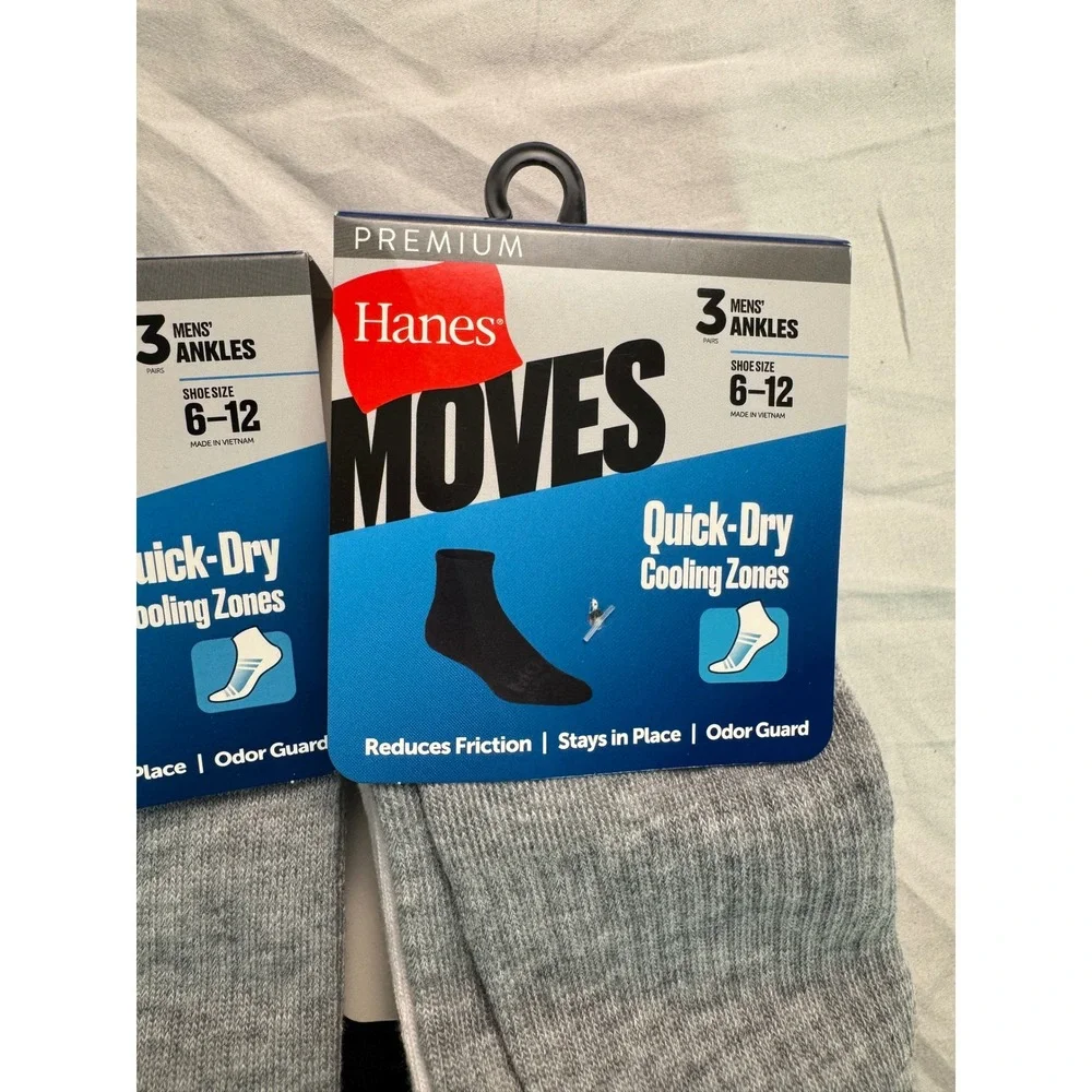 Hanes Moves Mens Ankle Socks 6 Pair Lot Quick-Dry Cooling Black White Grey 6-12